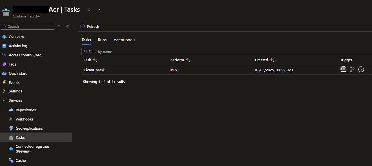 ACR Tasks showing our new CleanUpTask