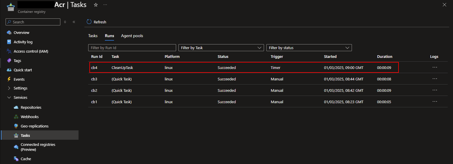 ACR Tasks displaying the runs tab to show history of task executions