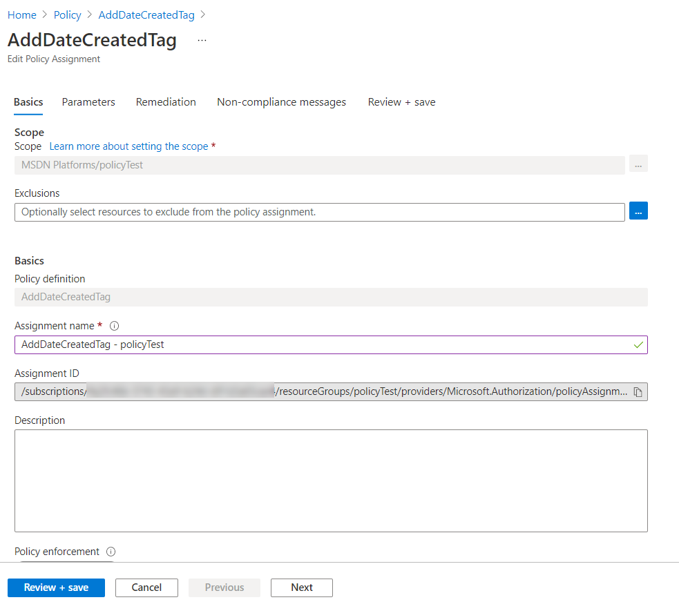 Assign policy screen in Azure