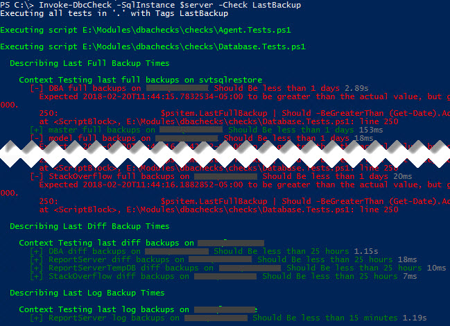 PowerShell console showing some failed checks