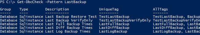 PowerShell console showing Get-DbcCheck output