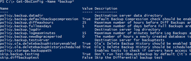 PowerShell console showing Get-DbcConfig for backup checks