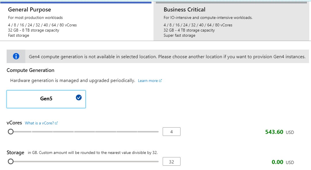 Sizing the managed instance