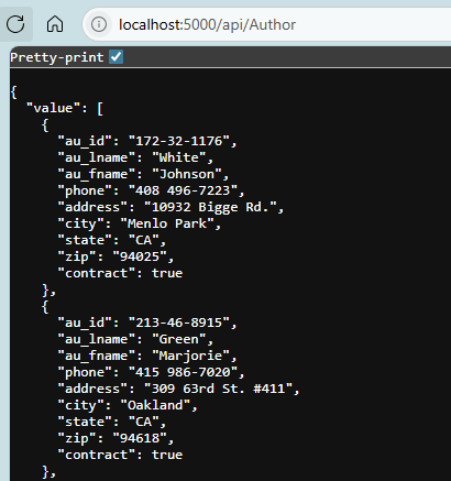 View the Authors API endpoint in the browser