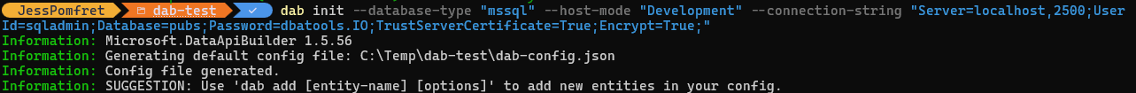 Console output showing the config was created successfully