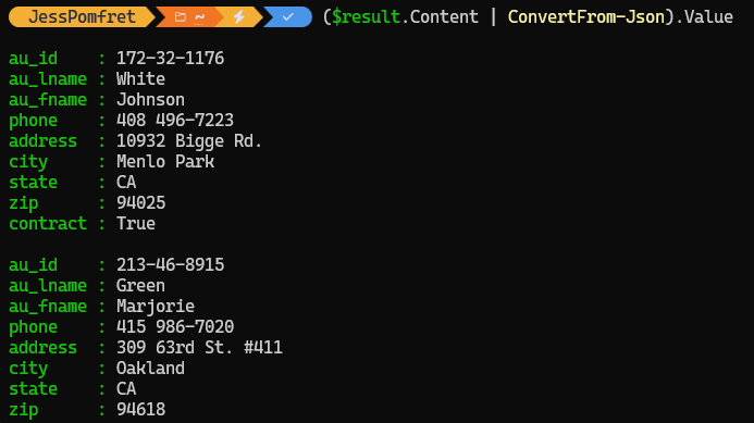 SQL Server data from the API as a PowerShell object