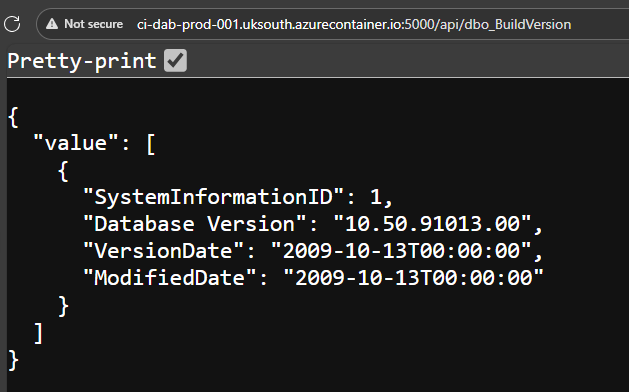 Get request for dbo.BuildVersion table from Azure SQL Database