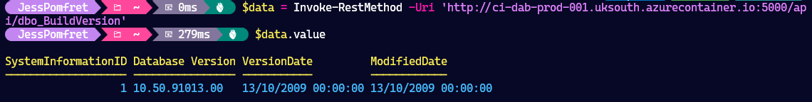 Invoke-RestMethod called from the PowerShell terminal window.