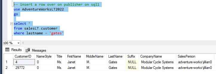 SSMS showing the select statement results, two rows both for Janet Gates