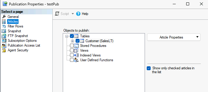 Properties pane for the testPub publication showing articles