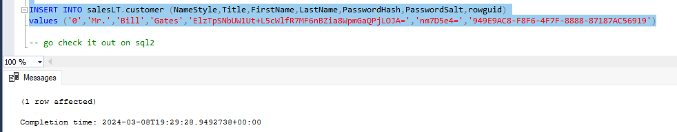 Results of the insert statement in SSMS - 1 row affected