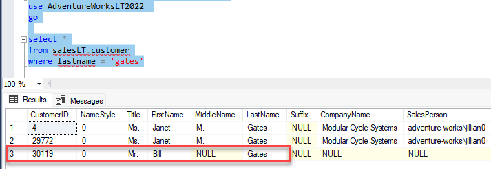 SSMS connected to sql2 showing three rows returned by the select statement