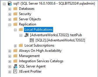 SSMS showing publication with a subscription to it