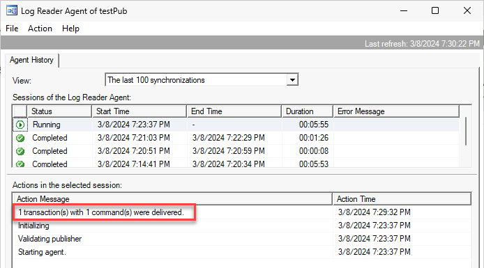 Replication Monitor showing `1 transaction(s) with 1 command(s) were delivered`