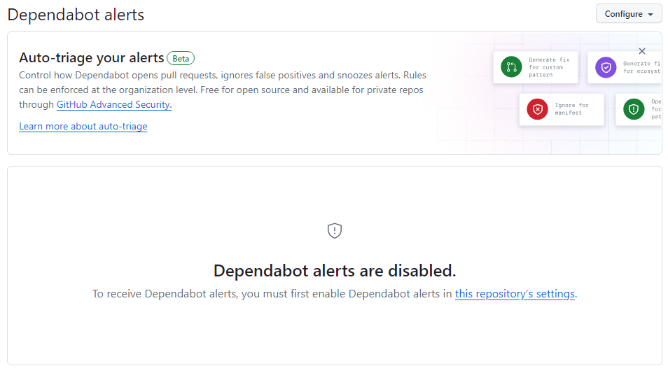 the dependabot setting page within your repo