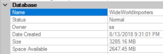 Properties pane showing size of the WideWorldImporters database