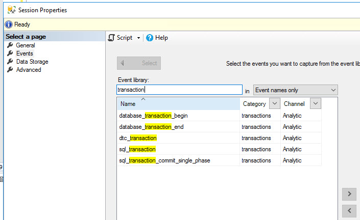 Searching transaction events in the Extended Events GUI