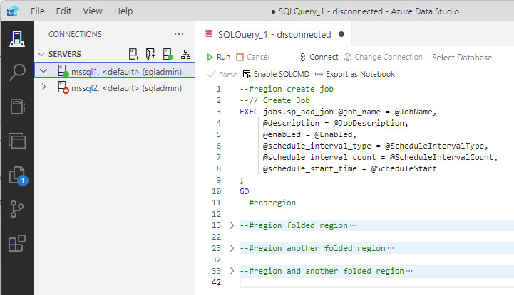 Some T-SQL code with folded and open sections, with red arrows highlighting the region tags