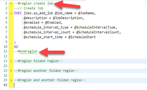 Some T-SQL code with folded and open sections, with red arrows highlighting the region tags