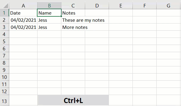 Gif showing using Ctrl+L in Excel to create a table