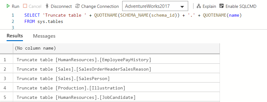select from sys.tables to generate truncate statements